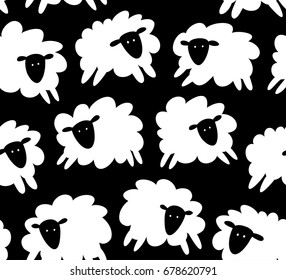 Seamless vector pattern with sheep, ewe. Decorative graphic texture, cute background