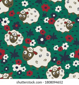 Seamless vector pattern with sheep and flowers on turquoise background. Simple animal wallpaper design on green. Floral fashion textile.