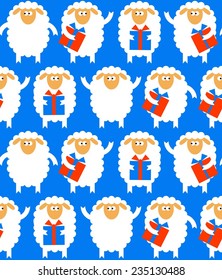 seamless vector pattern with sheep with gift box on blue