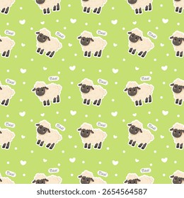 Seamless vector pattern with a sheep on a green background. For decorating packaging, wallpaper, postcards, textiles and decor.