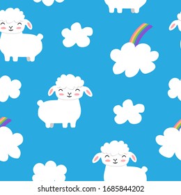 Seamless vector pattern with sheeps and clouds on a blue background.