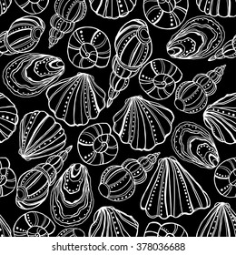Seamless  vector pattern with shells, drawn pen and ink.