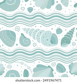 Seamless vector pattern with shells. Pattern in a marine style. Wavy lines. Turquoise color. Suitable for baby prints, baby decor, wallpaper, wrapping paper, stationery, scrapbooking, etc.