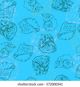 Seamless vector pattern with shells on blue