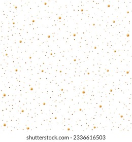 Seamless vector pattern of shining gold glitter scattered on a white background. Sparkling luminous glowing particles. A glamorous backdrop for an elegant wedding invitation or festive Christmas card.