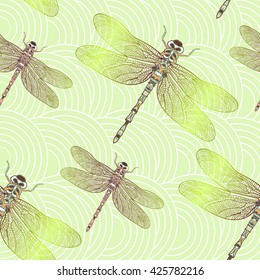 Seamless vector pattern with shiny dragonfly. Elegant light decoration. Can be used for wallpaper, pattern fills, web page background, surface textures. Vector indian design.