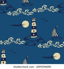 Seamless vector  pattern with ship and lighthouse on blue background. Hand drawn nautical wallpaper design. Decorative sea wave fashion textile.