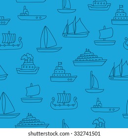 Seamless vector pattern of the ship on a blue background, hand-drawn.