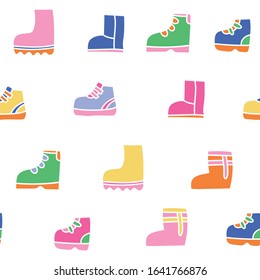 Seamless Vector Pattern With Shoes. 
Sneakers, Winter Shoes, Boots, Ugg Boots. On White Background. White Stroke. Modern Concept Suitable For Wallpaper, Kids Textile.