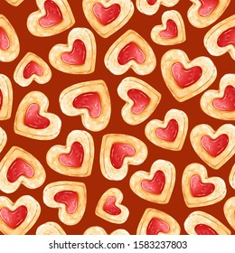 Seamless vector pattern of shortbread cookies in the form of hearts with jam. Background for Valentines Day.