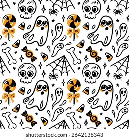 seamless vector pattern showcases cute kawaii lollipops, playful skulls, spider webs, and whimsical bones. Ideal for Halloween-themed designs, it combines fun and spooky elements in a vibrant style.