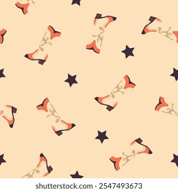 Seamless vector pattern showcasing cowboy boots and stars on a beige background, great for apparel and themed decor.