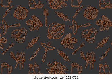 A seamless vector pattern showcasing hand-drawn BBQ and grilling essentials, perfect for culinary-themed designs.