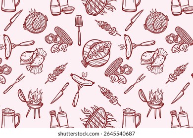 A seamless vector pattern showcasing hand-drawn barbecue and grilling elements.