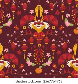 A seamless vector pattern showcasing a lion dance motif surrounded by Chinese New Year symbols like lanterns and coins. Perfect for festive projects and prints.