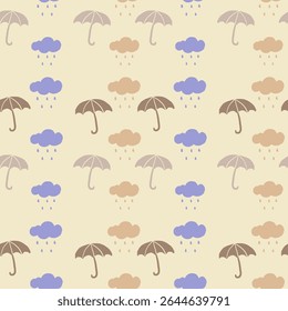 Seamless vector pattern showcasing umbrellas paired with rainy clouds and drops, a design ideal for weather-themed projects, textiles, or backgrounds blending functionality