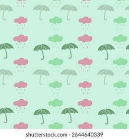 Seamless vector pattern showcasing umbrellas paired with rainy clouds and drops, a design ideal for weather-themed projects, textiles, or backgrounds blending functionality
