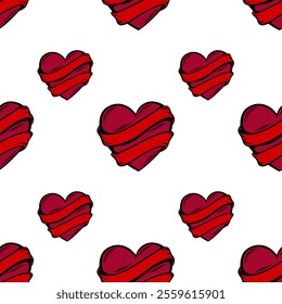 A seamless vector pattern showcasing vibrant, voluminous hearts in various romantic shades on a transparent background. Ideal for Valentine's Day decorations, gift wrap, digital invitations