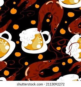 Seamless vector pattern of shrimp and drink beer on a dark background, hand drawn.