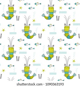 Seamless vector pattern with shrimp for typography poster, card, label, brochure, flyer, page, banner design. Vector illustration background