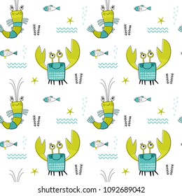 Seamless vector pattern with shrimps and crabs for typography poster, card, label, brochure, flyer, page, banner design. Vector illustration background