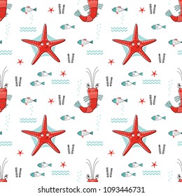 Seamless vector pattern with shrimps and starfishes for typography poster, card, label, brochure, flyer, page, banner design. Vector illustration background