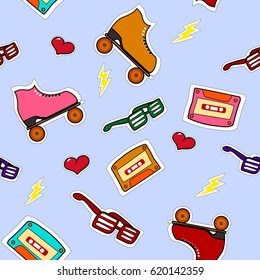 Seamless vector pattern with shutter shades glasses, roller skates, cassette tapes, lightnings and hearts. Retro background with patch badges, pins, stickers in 80-s-90-s style.