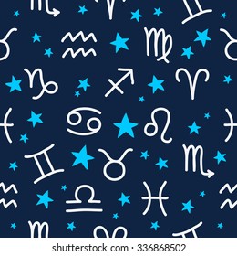 Seamless vector pattern of the signs of the horoscope and the stars on a blue background, hand-drawn.