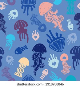 Seamless vector pattern with silhouette of cartoon jellyfishes on a blue background. Wallpaper with underwater sea creatures.