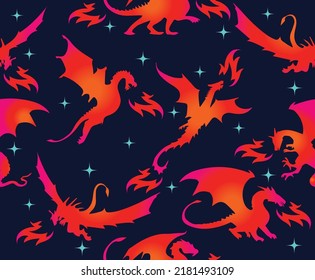 Seamless Vector Pattern Silhouette Fire Dragon Design for textile paper wrap, fashion Style for kids 