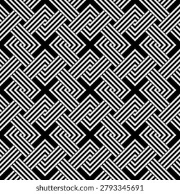 Seamless vector pattern silhouette interlocking optical maze lines in a geometric grid