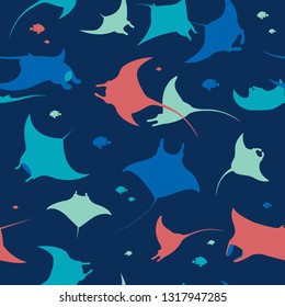 Seamless vector pattern with silhouette of mantas on a blue background. Wallpaper with sea animals.