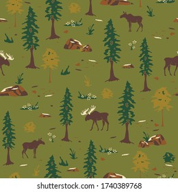 Seamless vector pattern with silhouette of moose in forest on green background. Beautiful Canadian landscape forest.