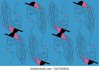 Seamless vector pattern silhouette of a woman's face in a black and pink hat on a blue background. Design for wallpaper, paper, packaging, fabric.