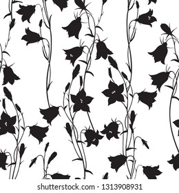 Seamless vector pattern with silhouettes of campanula. Black and white nature background.