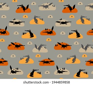 Seamless vector pattern with silhouettes of cheerful cartoon foxes in various poses and fir trees on colorful spots.
