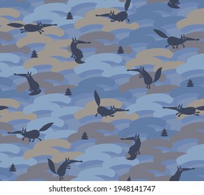 Seamless vector pattern with silhouettes of cheerful cartoon foxes on a multi colored background.