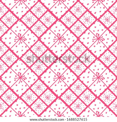 Seamless vector pattern with silhouettes of cute hand drawn gift boxes and ribbon. Pattern with top view of presents for for fabric, textile, wrapping paper, web. Flat. Vector stock illustration.