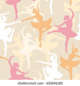 Seamless vector pattern from silhouettes of dancing ballerinas. Pastel colors.
