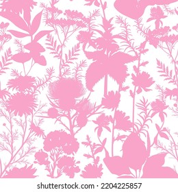 Seamless vector pattern with silhouettes of field and medical plants. Chamomile, chicory, clover, plantain, valerian, echinacea, ginkgo, burdock, rosemary, nettle, St. John's wort