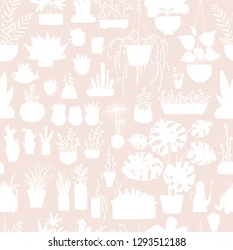 Seamless vector pattern. Silhouettes of houseplants in pots. Illustrations in free hand drawn style. Images in pastel colors on a white background. Compositions of cacti, succulents, palms, monstera, 