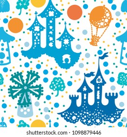 Seamless vector pattern from silhouettes, houses, castles, balloons to a windmill. Fantastic background in cartoon style. Decorative painted texture with cartoon elements.