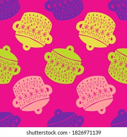 Seamless vector pattern of silhouettes of kitchen saucepan with cute floral ornament on bright pink background. The design is perfect for stickers, decorations, logo, badges, advertisements