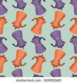 Seamless vector pattern of silhouettes of kitchen supplies purple and orange geyser coffee makers on green background. The design is perfect for stickers, decorations, logo, badges, advertisements