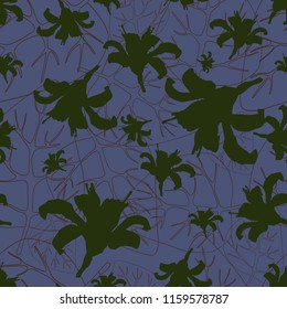 Seamless vector pattern with silhouettes of lilies and leaf prints.