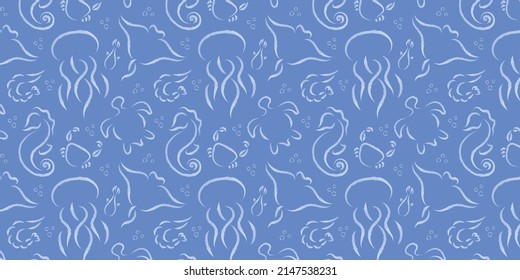 Seamless vector pattern of silhouettes of marine life in watercolor style