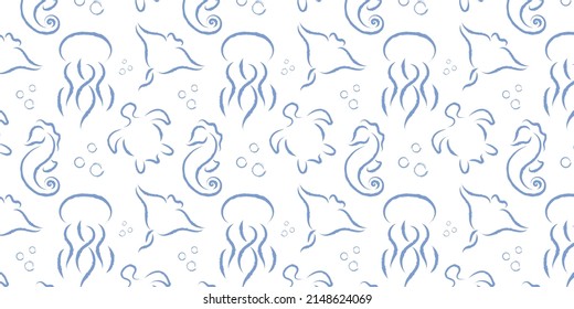 Seamless vector pattern of silhouettes of marine life in watercolor style on white background