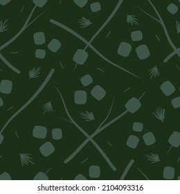 Seamless vector pattern with the silhouettes of marshmallows, marshmallows on sticks, and evergreen needles in light green on a forest green background. Quirky food illustration great for paper goods.