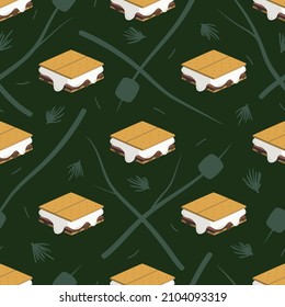 Seamless vector pattern with s’mores and the silhouettes of marshmallows on sticks and evergreen needles on a forest green background. Fun food illustration for gift wrap, paper goods, accessories.