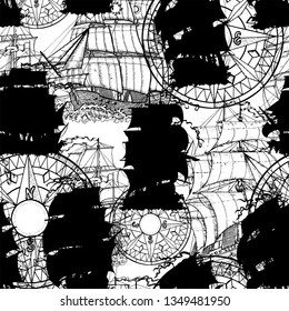 Seamless vector pattern with silhouettes of old sailing ships and nautical compass on white. Graphic nautical illustration, historical adventure concept, vintage transportation background